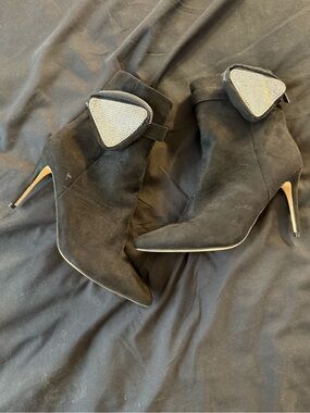 Black Suede Pointed-Toe Stiletto Ankle Boots with Embellished Cuff